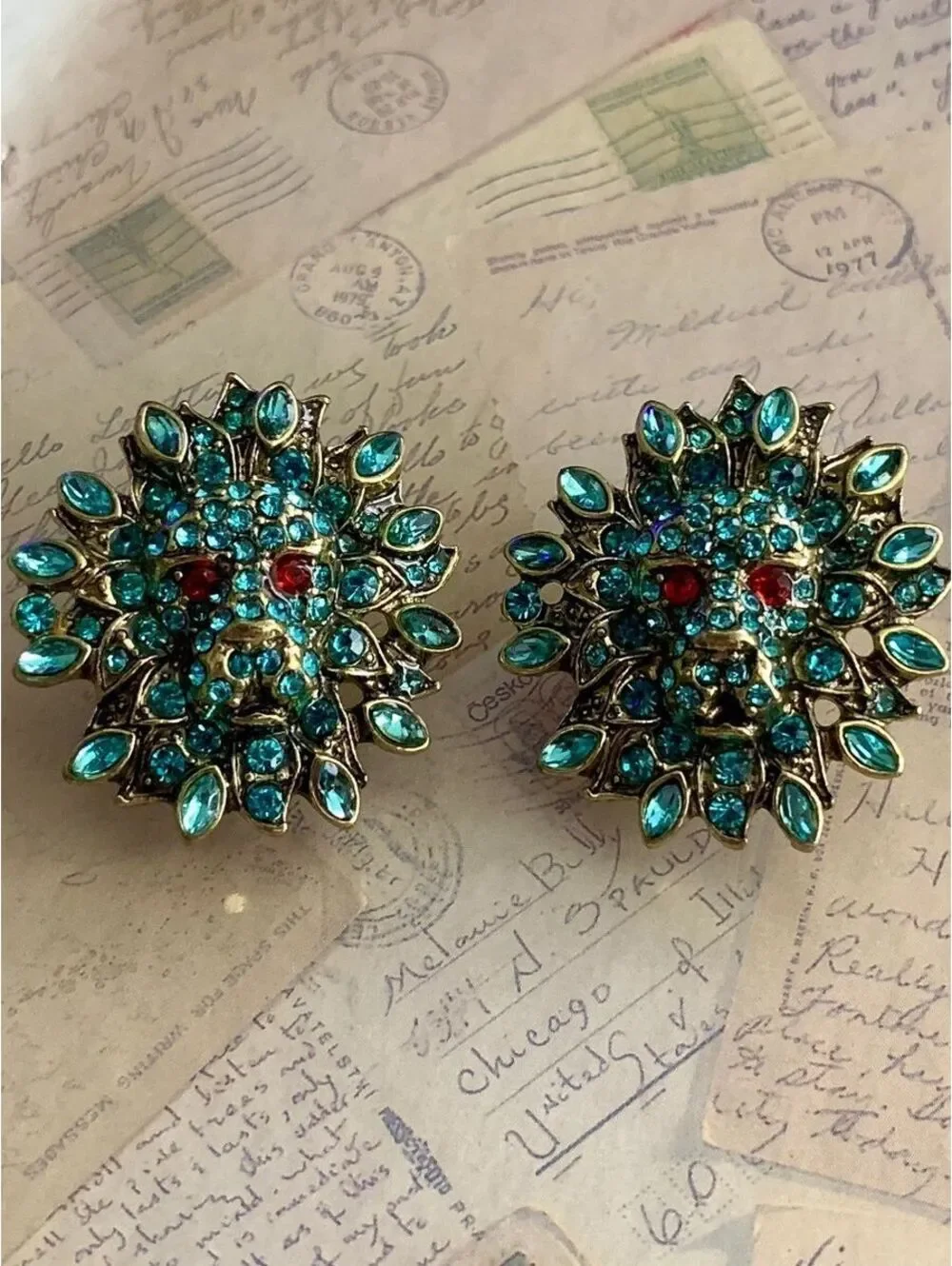Sparkling Lion Head Clip-On Earrings with Turquoise & Red Rhinestones